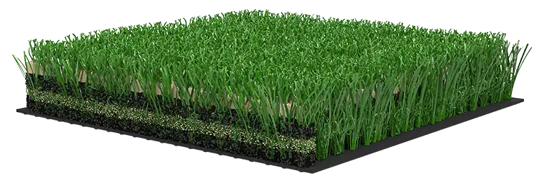 3D cross-section of AstroTurf RootZone Diamond Blend for artificial turf baseball infield and outfield grass.