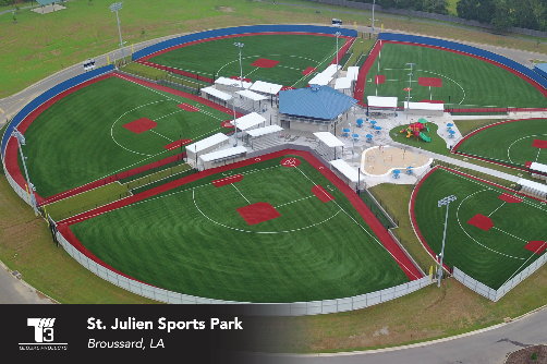 Multi-field synthetic baseball turf complex at St. Julien Sports Park in Broussard, Louisiana, showcasing premier sports field construction by T3 Global Projects.