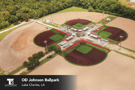 Aerial view of OD Johnson Ballpark in Lake Charles, Louisiana, featuring a custom artificial turf baseball field installation completed by T3 Global Projects.